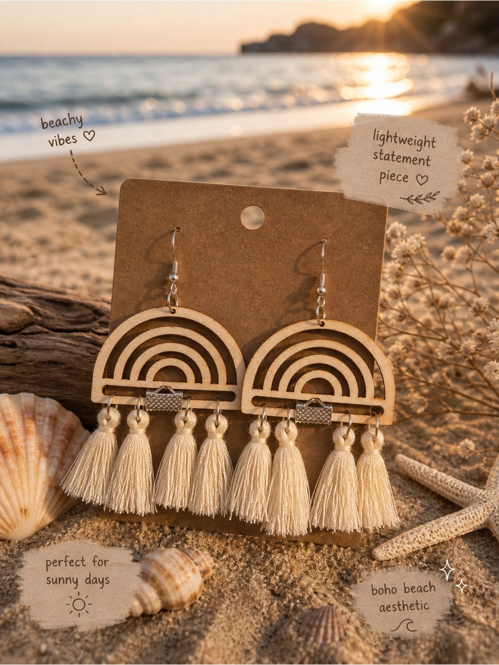 Hand Crafted Cream Tassel Rainbow Dangle Earrings